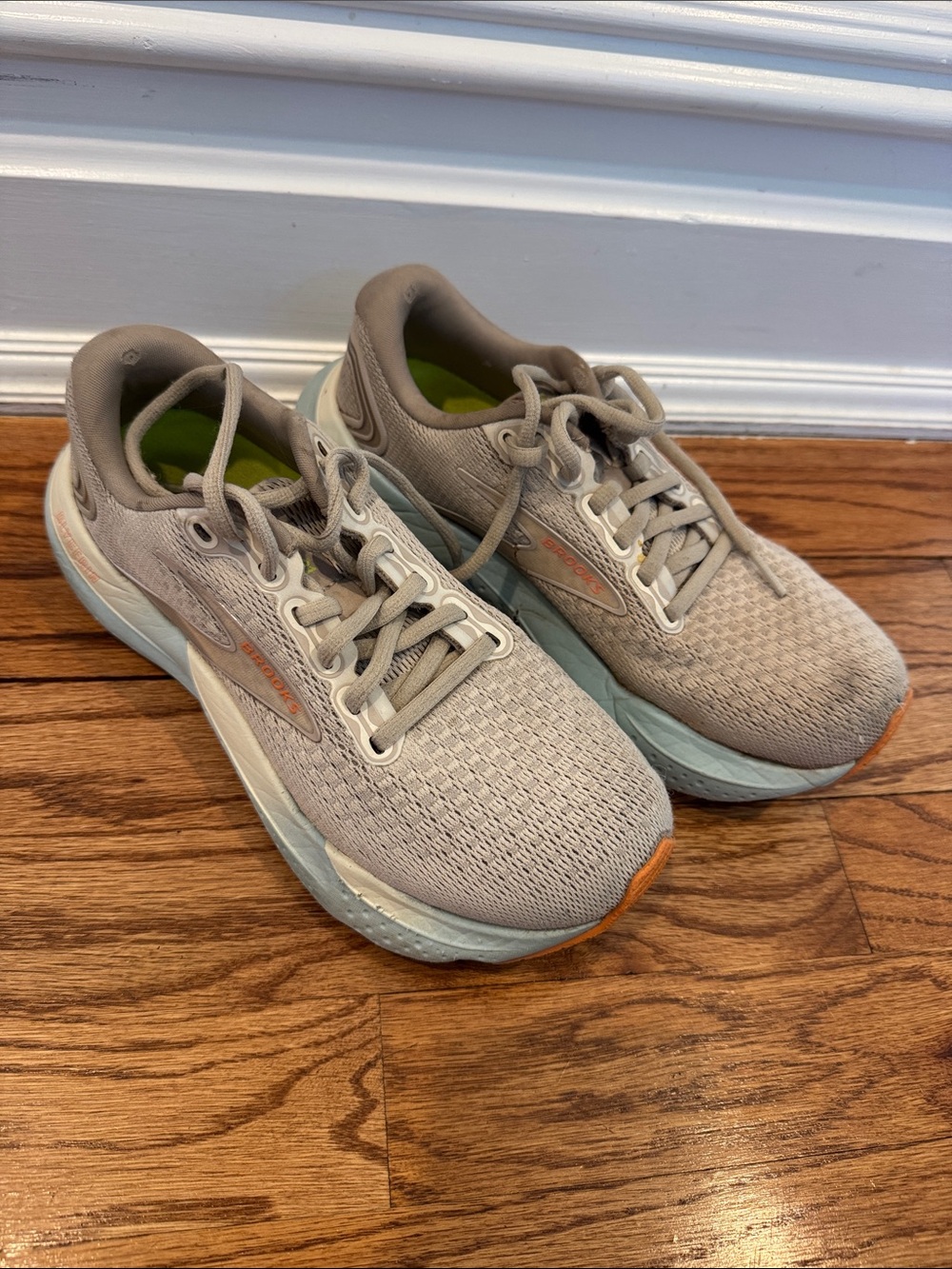 Brooks Women's Running Shoes - Light Taupe with Green and Orange Accents